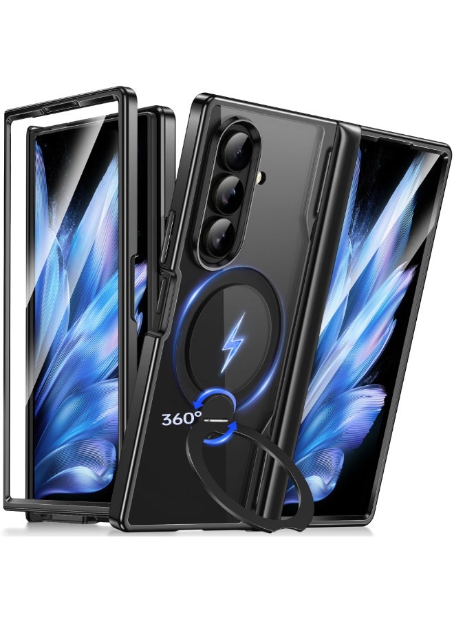 بيرفي جراب لهاتف سامسونج جالاكسي زد فولد 7 مع حامل مغناطيسي دوّار بزاوية 360 درجة، متوافق مع MagSafe، مزوّد بواقي شاشة مدمج، تصميم شفاف مطلي، حماية كاملة للجهاز، مقاوم للصدمات، جراب حماية لهاتف سامسونج جالاكسي زد فولد 7، أسود. - Image 1